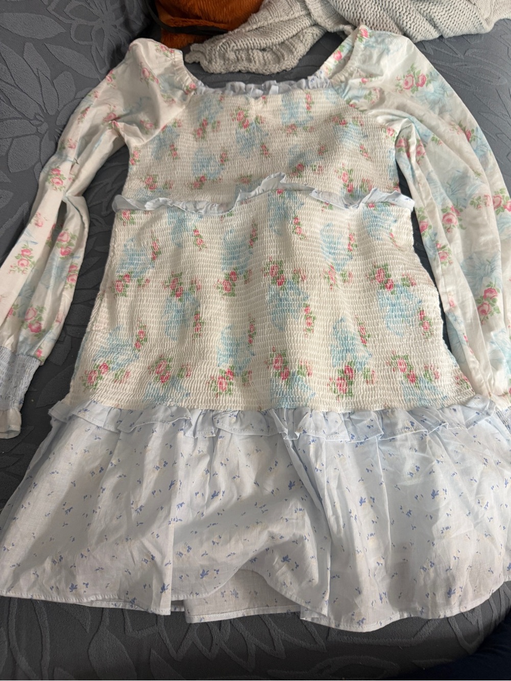LoveShackFancy Light Blue Floral Smocked Long-Sleeve Top with Ruffle Hem